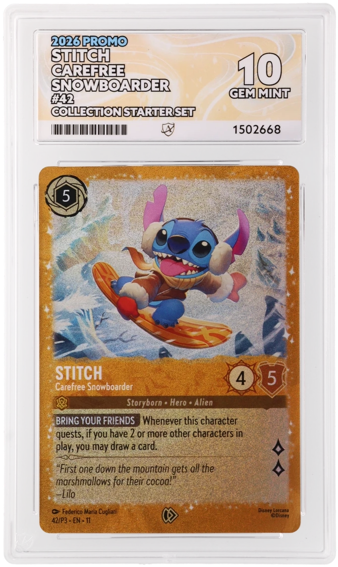 Stitch Carefree Snowboarder 42/P3 ACE 10 Gem Mint Disney Lorcana graded card