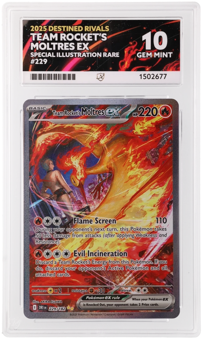 Team Rocket's Moltres ex 229/182 Destined Rivals SIR ACE 10 Gem Mint graded card