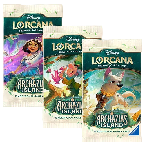 Three packs of Disney Lorcana trading card game featuring 'Archazia's Island' on a white background.