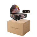 A display box and twelve individual Yu-Gi-Oh! The Card Game booster packs stacked on top of a large brown cardboard shipping box labeled 'Collector One' against a plain white background.