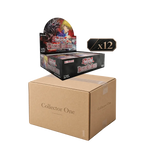A display box and twelve individual Yu-Gi-Oh! The Card Game booster packs stacked on top of a large brown cardboard shipping box labeled 'Collector One' against a plain white background.