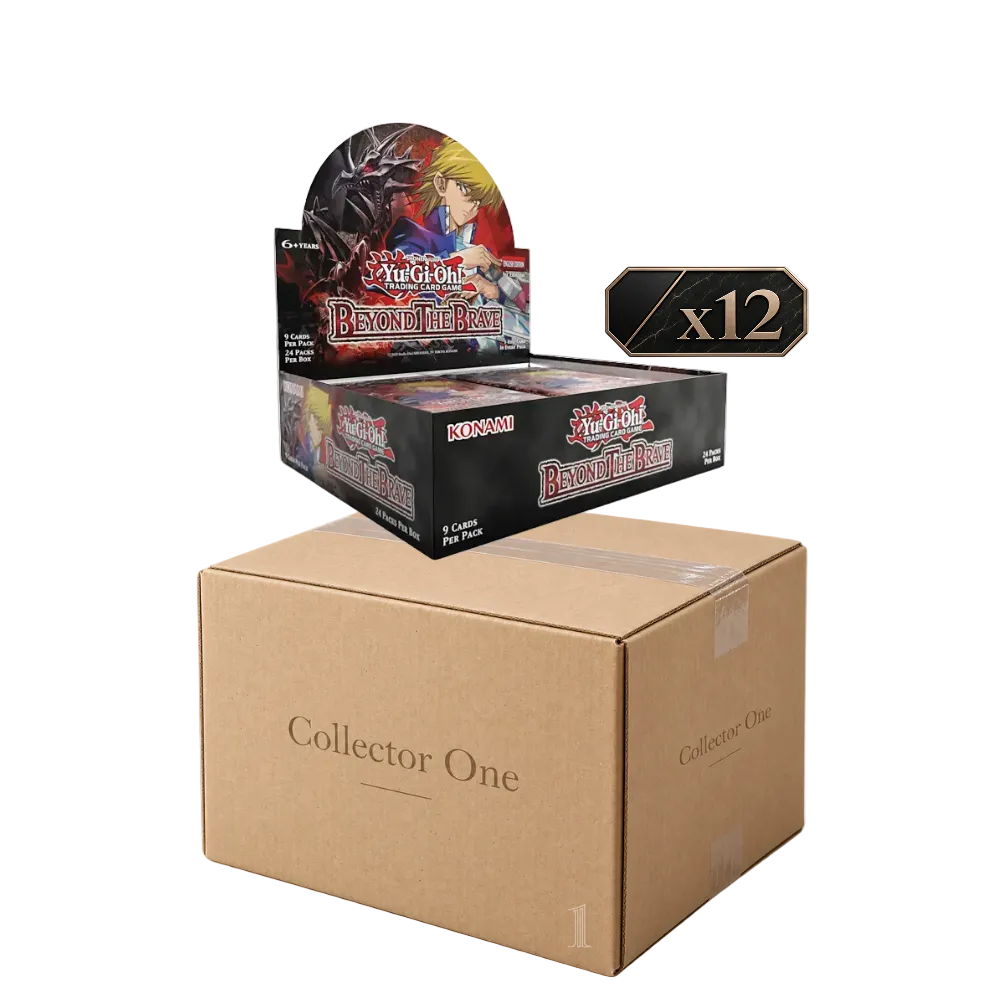 A display box and twelve individual Yu-Gi-Oh! The Card Game booster packs stacked on top of a large brown cardboard shipping box labeled 'Collector One' against a plain white background.